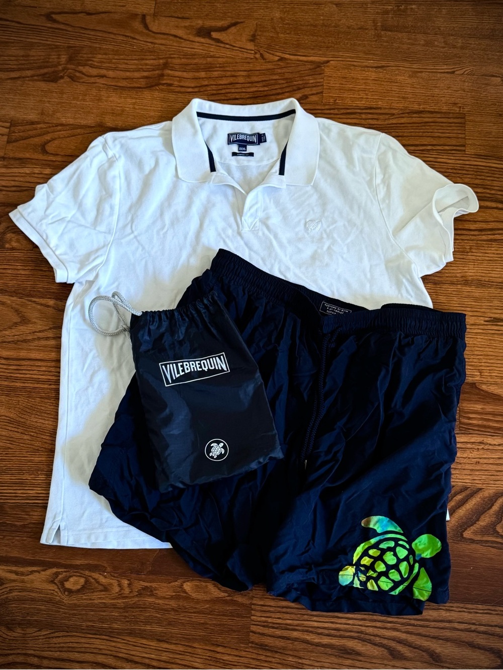 Vilebrequin Navy Swim Trunks with Green Turtle Motif